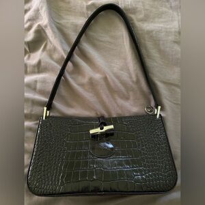 LONGCHAMP Calf Leather Crocodile Pattern Shoulder Bag Black